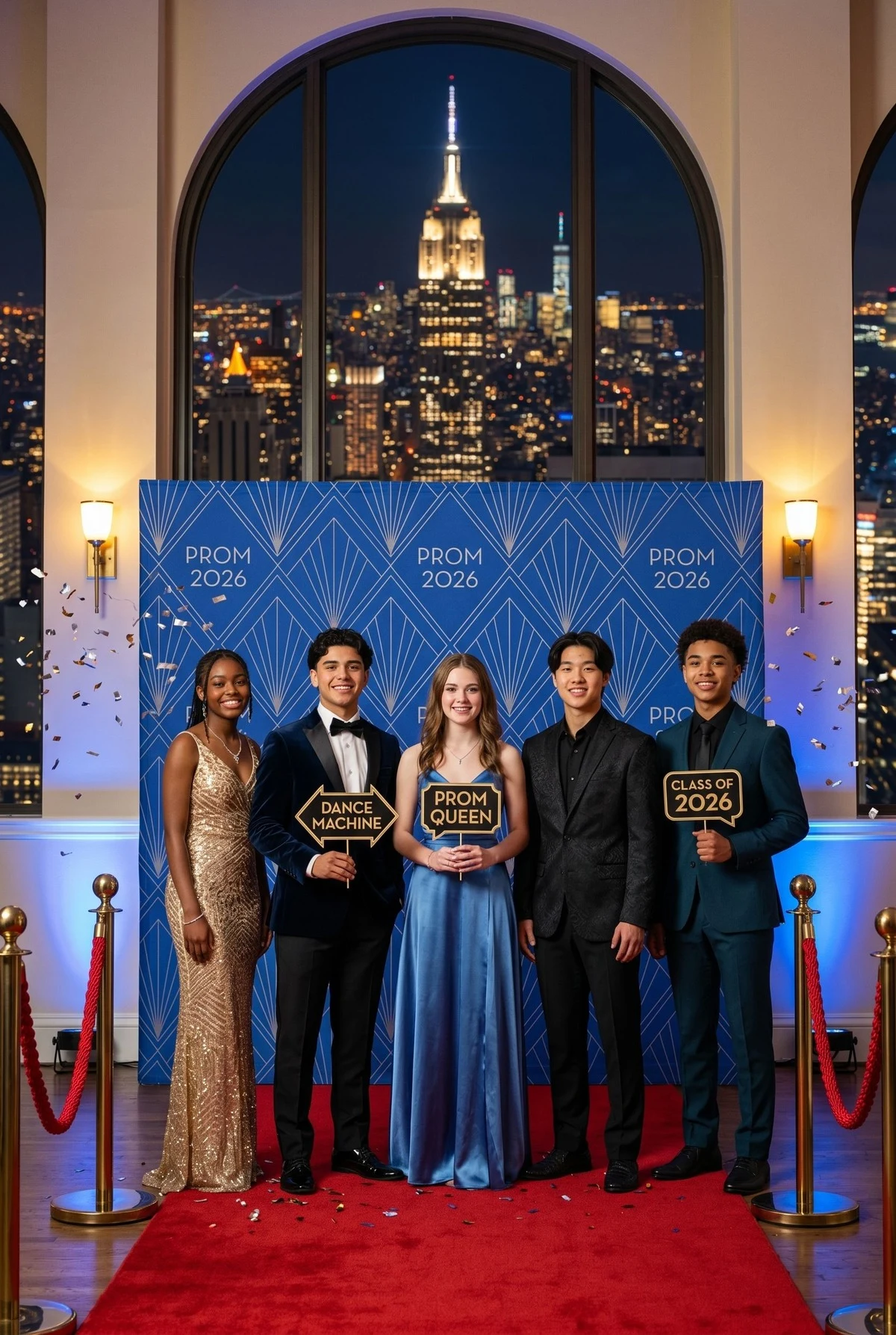 Prom photo booth rental NYC with students on red carpet, custom PROM 2026 backdrop, and Manhattan skyline view