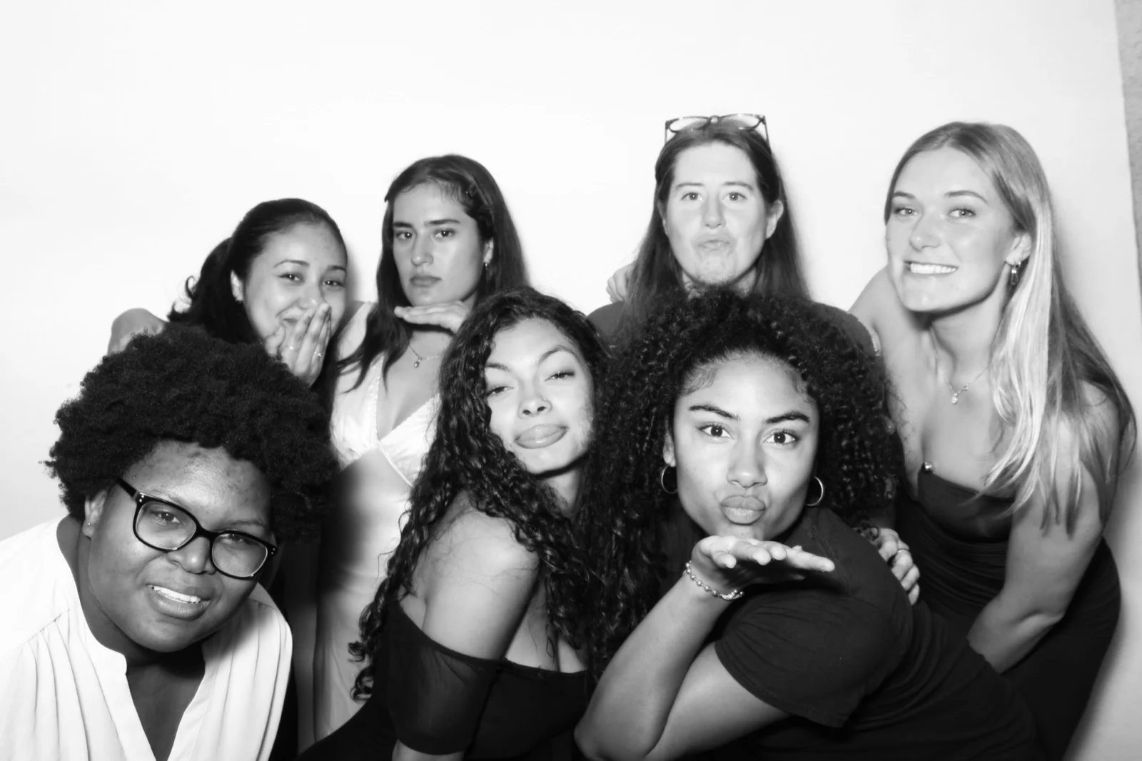 NYC glamour photo booth black and white group photo of friends at a private event