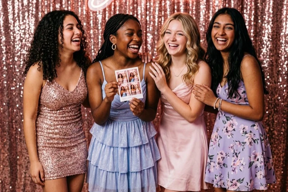 Sweet Sixteen photo booth rental NYC — four teens in party dresses in front of rose-gold sequin backdrop with neon Sweet 16 sign